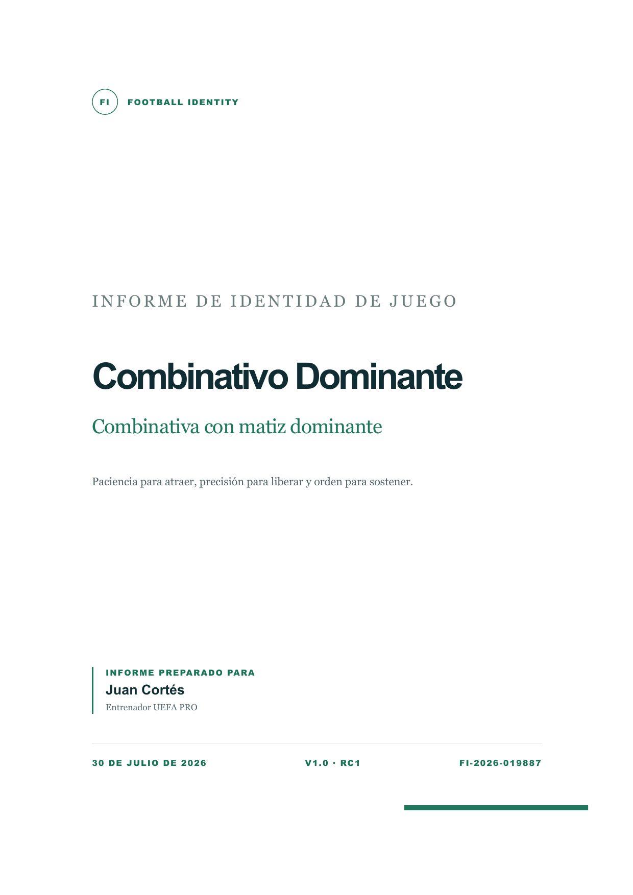 Portada real de un informe Football Identity preparado para un entrenador