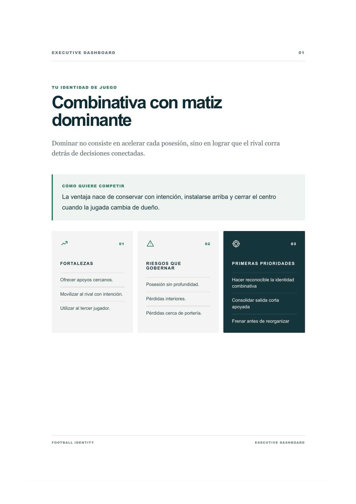 Dashboard ejecutivo real de Football Identity